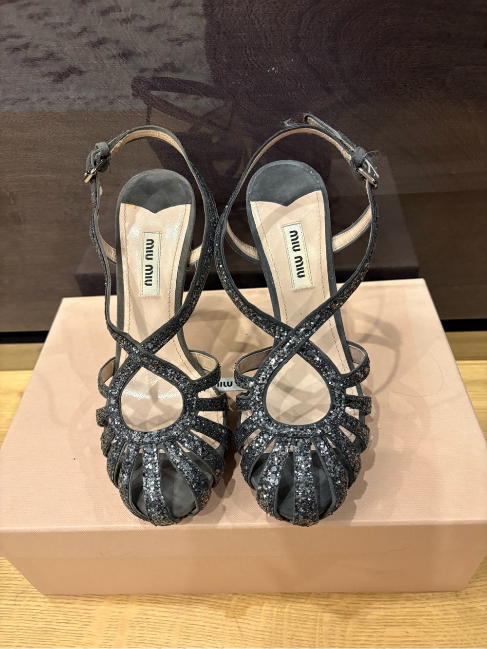 Miu Miu Black Glitter Crisscross High-Heel Sandals